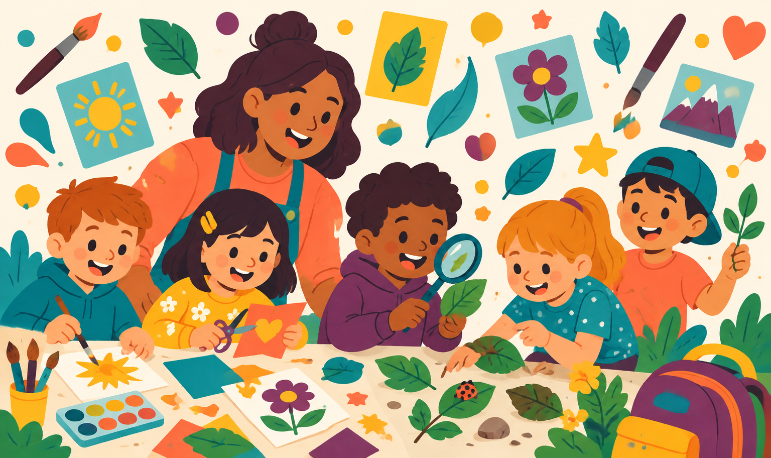 An educator and children enjoying craft and nature play together
