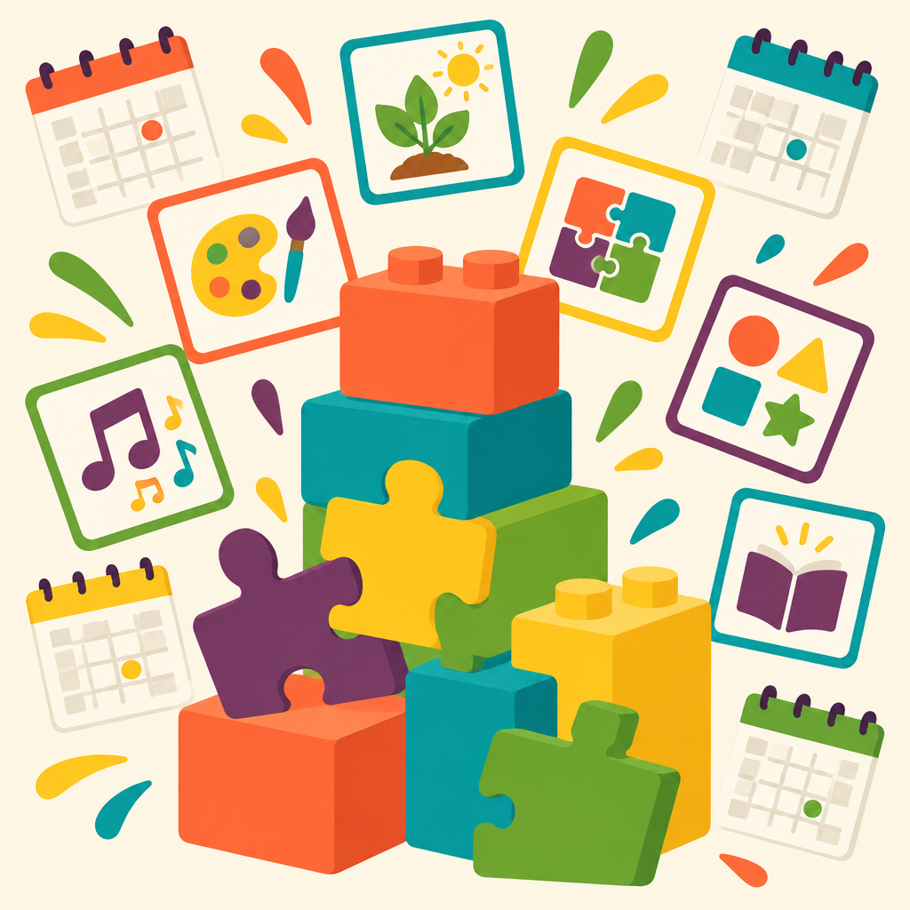 Colourful building blocks, puzzle pieces and activity cards